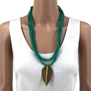 Boho Beaded Necklace Triple Strand Leaf Pendant Blue Gold Tone Toggle Closure